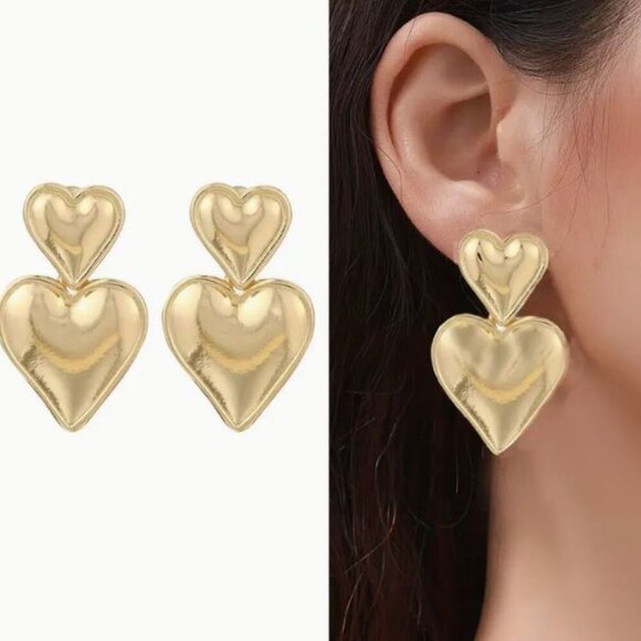 Private Label Jewelry - NEW Jackie Gold Double Heart Drop Earrings Pierced